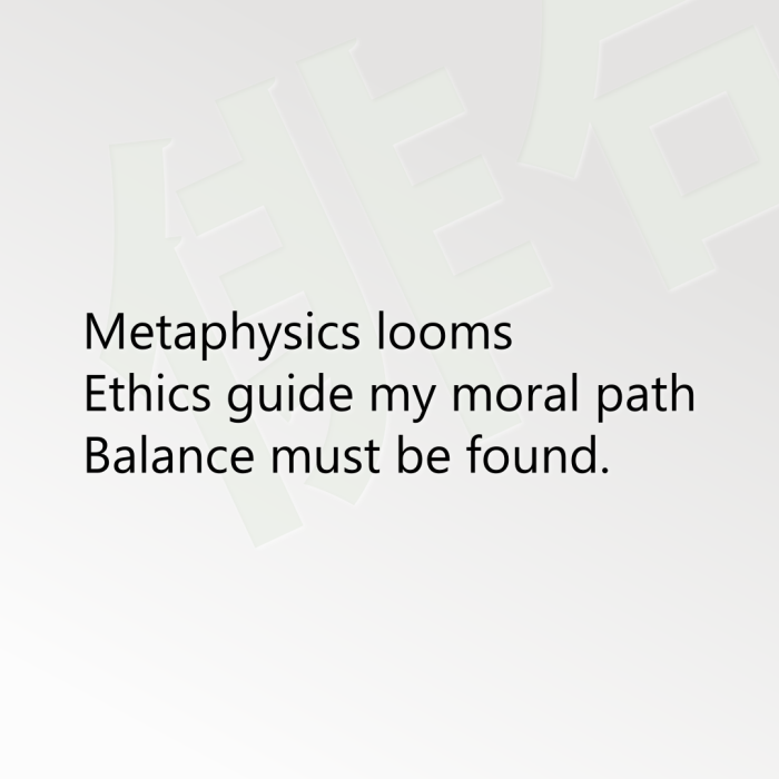 Metaphysics looms Ethics guide my moral path Balance must be found.