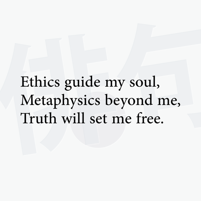 Ethics guide my soul, Metaphysics beyond me, Truth will set me free.