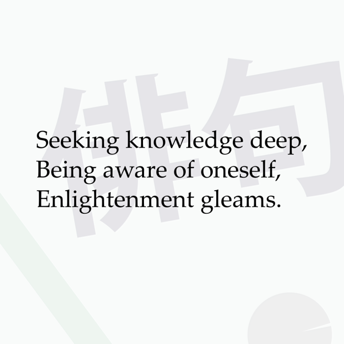 Seeking knowledge deep, Being aware of oneself, Enlightenment gleams.