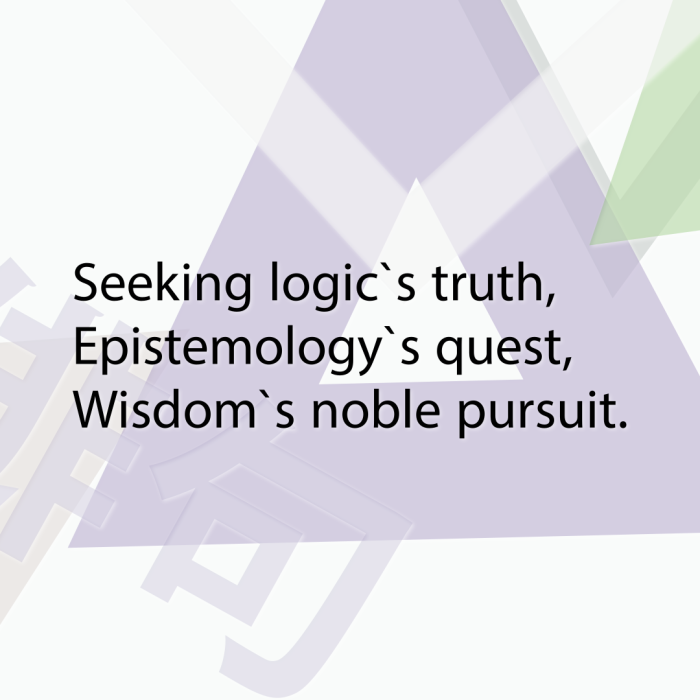Seeking logic`s truth, Epistemology`s quest, Wisdom`s noble pursuit.