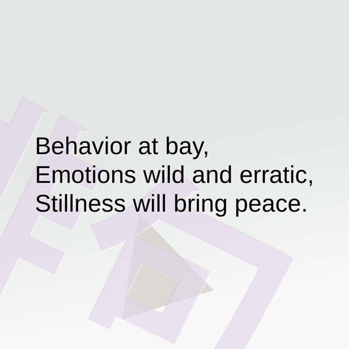 Behavior at bay, Emotions wild and erratic, Stillness will bring peace.