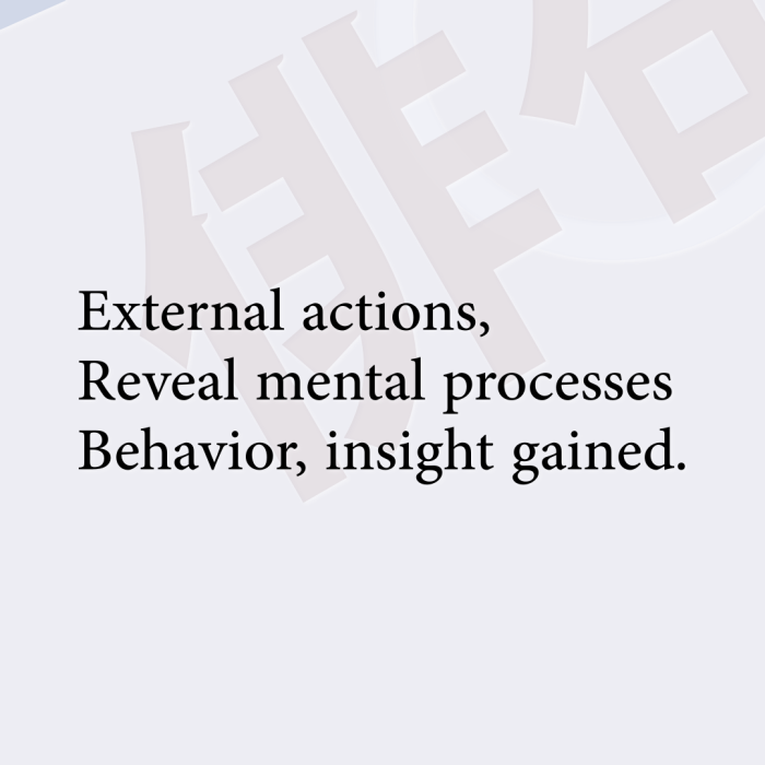 External actions, Reveal mental processes Behavior, insight gained.