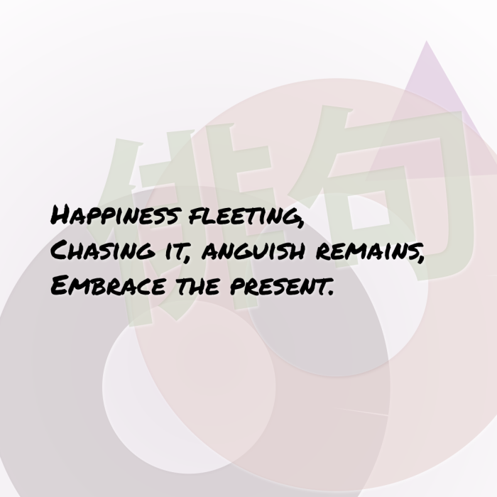 Happiness fleeting, Chasing it, anguish remains, Embrace the present.