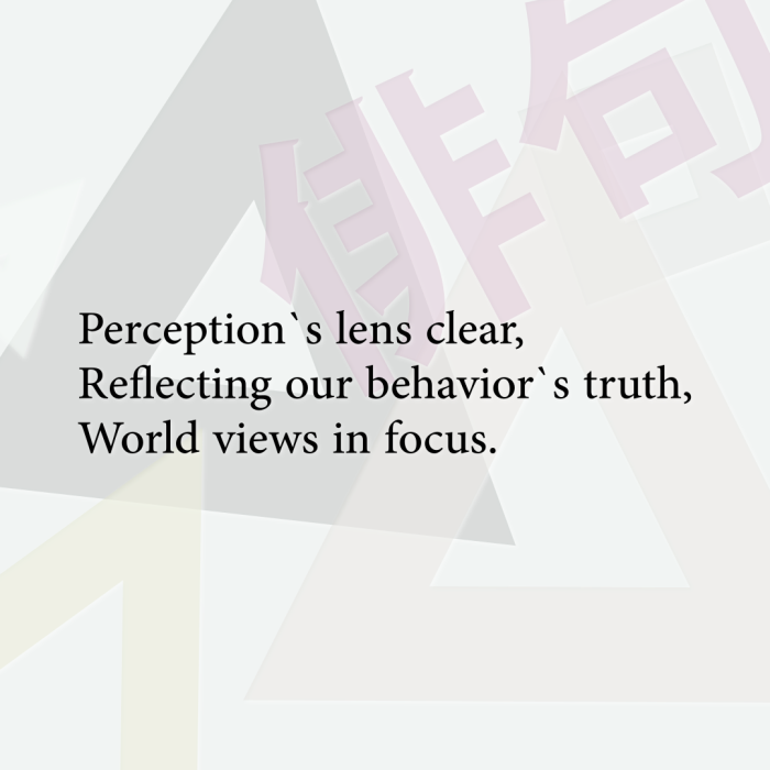 Perception`s lens clear, Reflecting our behavior`s truth, World views in focus.