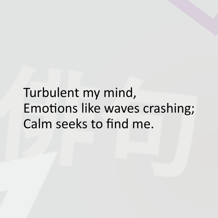 Turbulent my mind, Emotions like waves crashing; Calm seeks to find me.