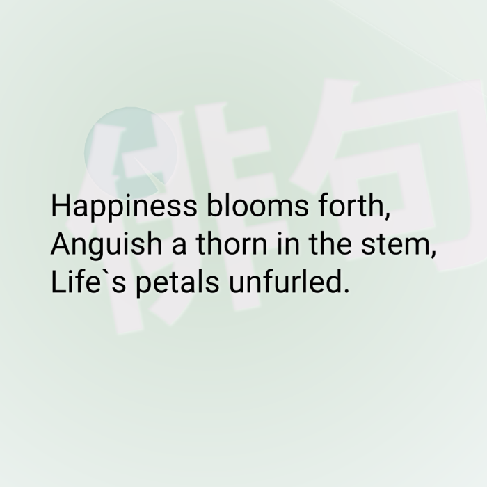 Happiness blooms forth, Anguish a thorn in the stem, Life`s petals unfurled.