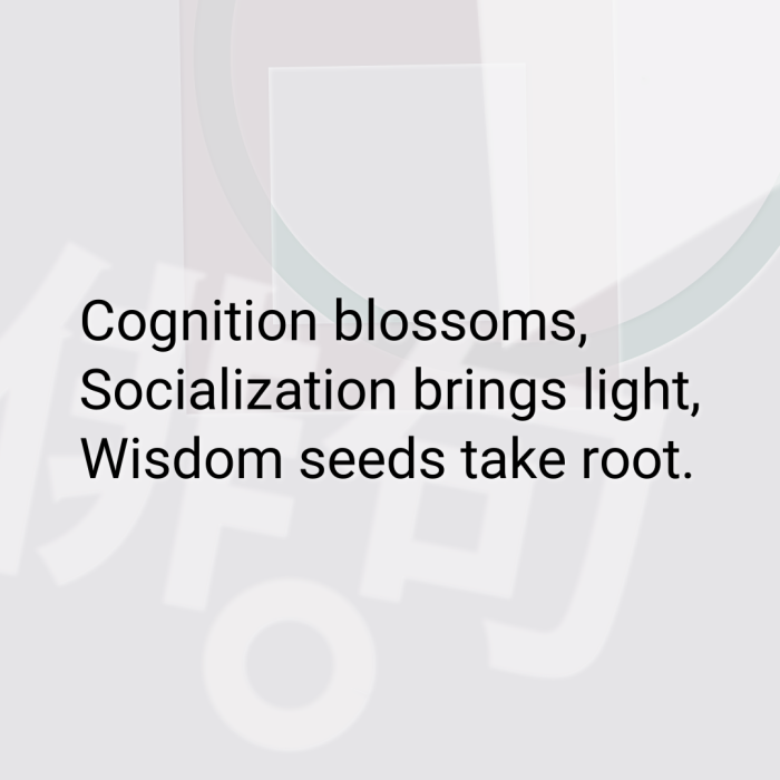Cognition blossoms, Socialization brings light, Wisdom seeds take root.
