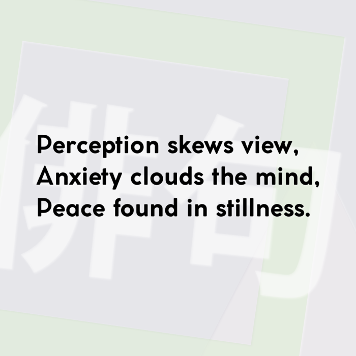 Perception skews view, Anxiety clouds the mind, Peace found in stillness.