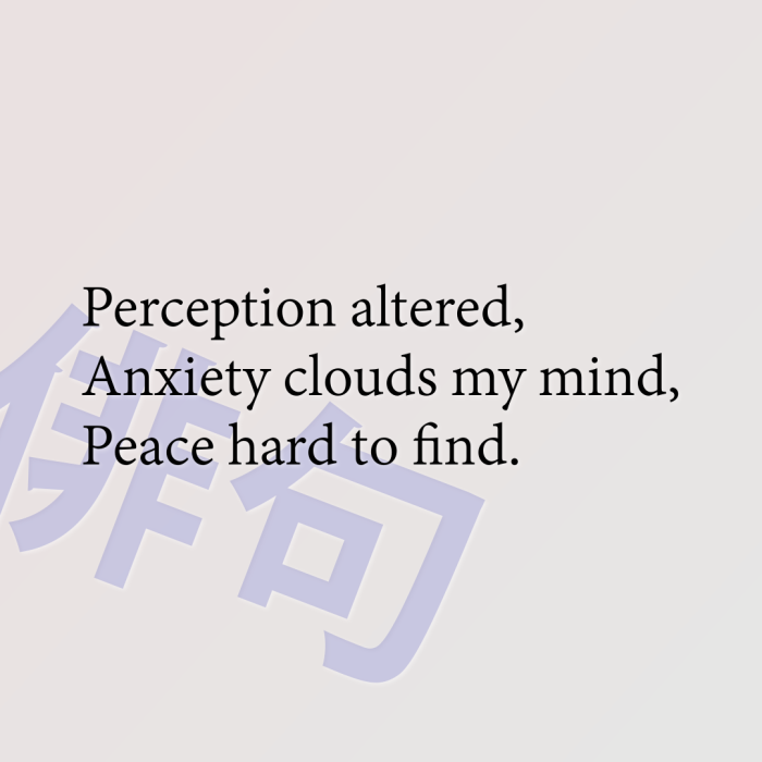 Perception altered, Anxiety clouds my mind, Peace hard to find.