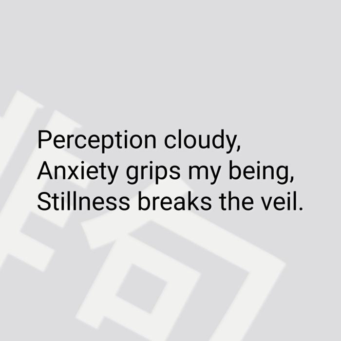Perception cloudy, Anxiety grips my being, Stillness breaks the veil.