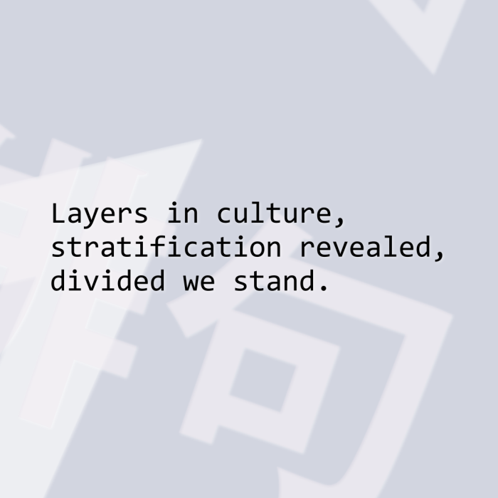 Layers in culture, stratification revealed, divided we stand.