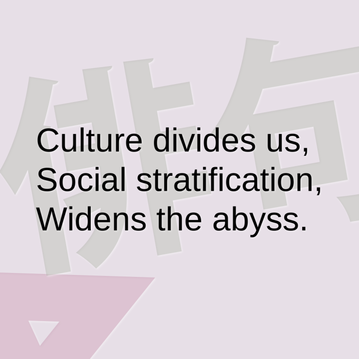 Culture divides us, Social stratification, Widens the abyss.