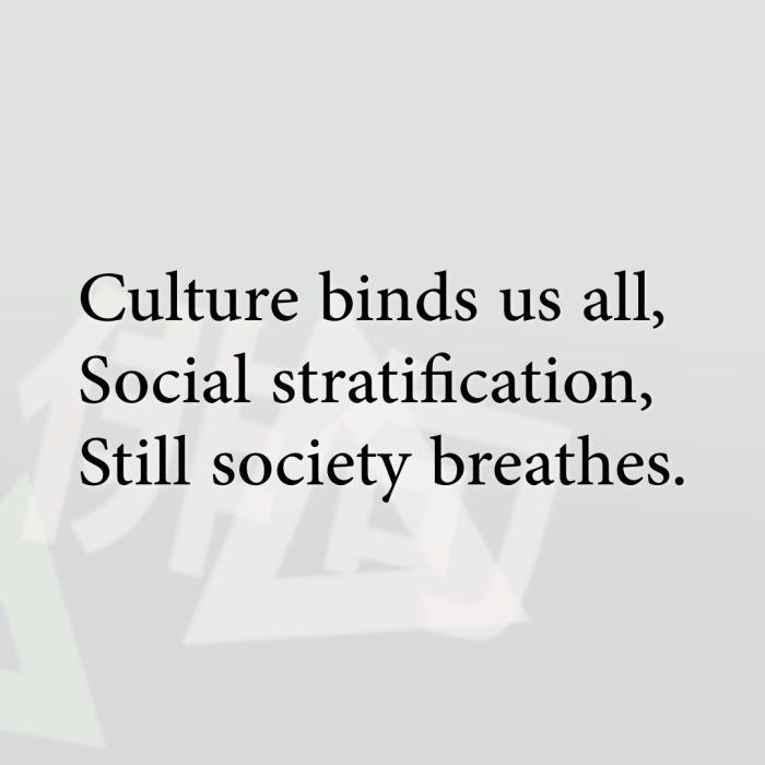 Culture binds us all, Social stratification, Still society breathes.