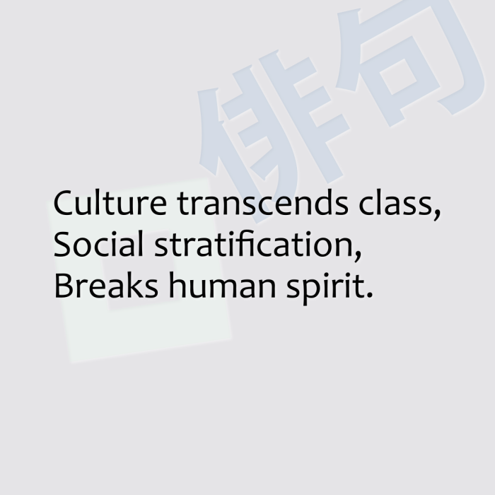 Culture transcends class, Social stratification, Breaks human spirit.