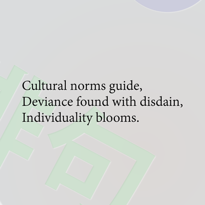 Cultural norms guide, Deviance found with disdain, Individuality blooms.
