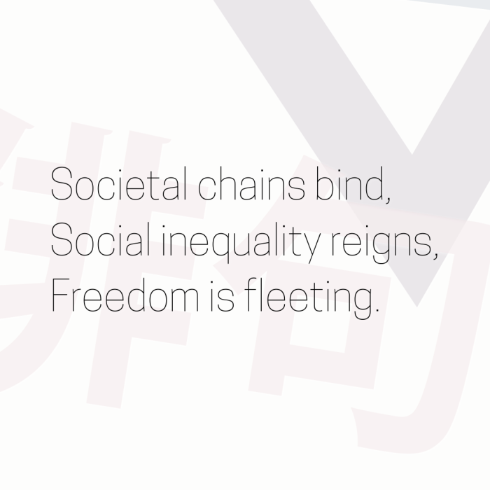 Societal chains bind, Social inequality reigns, Freedom is fleeting.