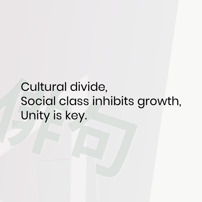 Cultural divide, Social class inhibits growth, Unity is key.