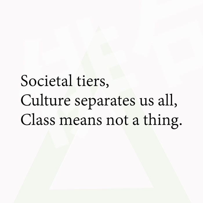 Societal tiers, Culture separates us all, Class means not a thing.