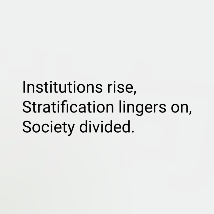 Institutions rise, Stratification lingers on, Society divided.