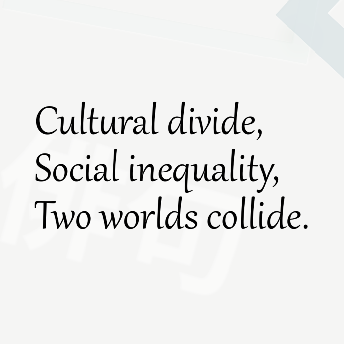 Cultural divide, Social inequality, Two worlds collide.