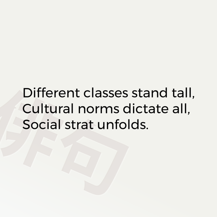 Different classes stand tall, Cultural norms dictate all, Social strat unfolds.