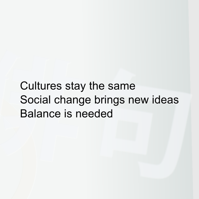 Cultures stay the same Social change brings new ideas Balance is needed