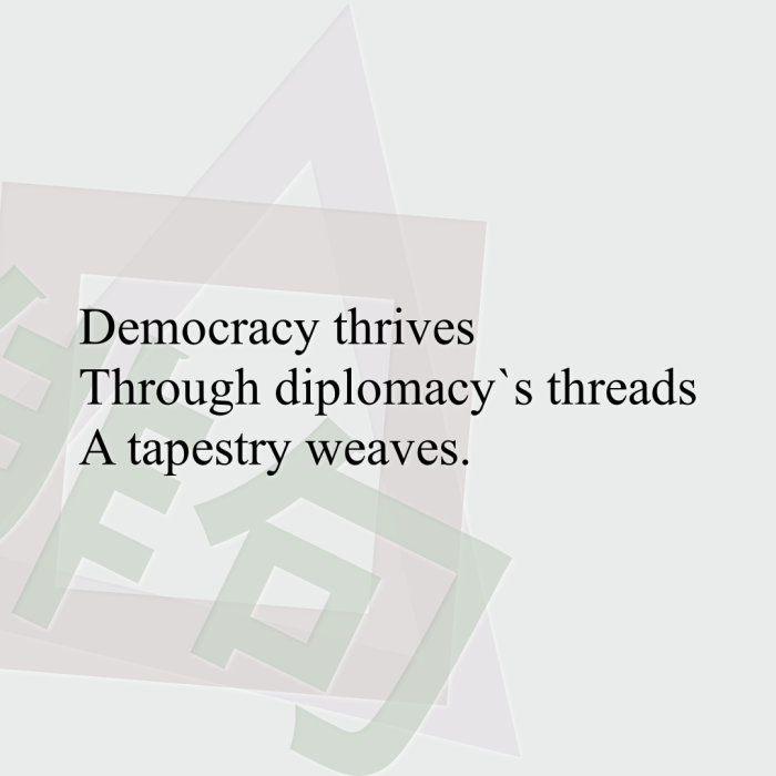 Democracy thrives Through diplomacy`s threads A tapestry weaves.