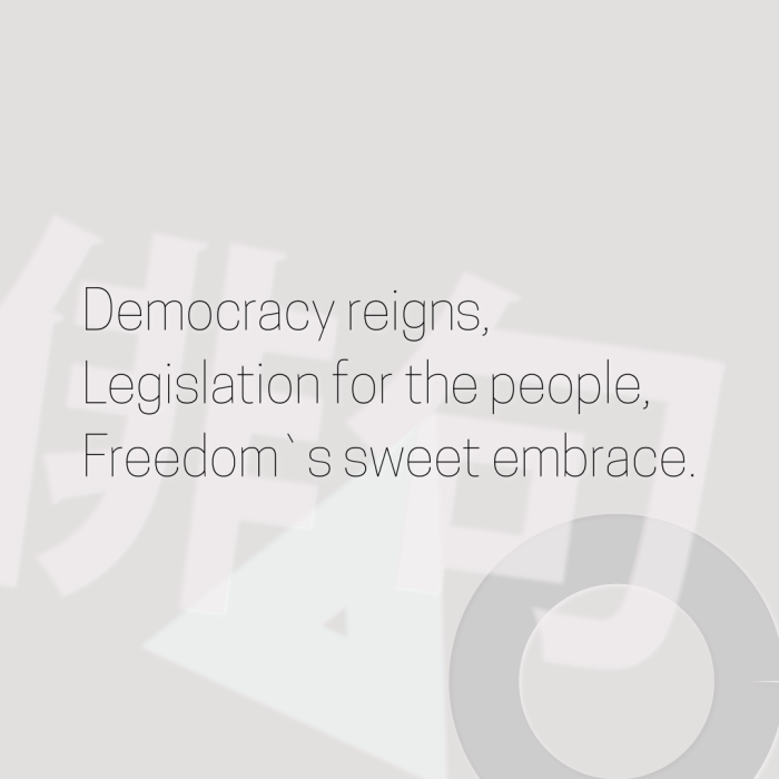 Democracy reigns, Legislation for the people, Freedom`s sweet embrace.