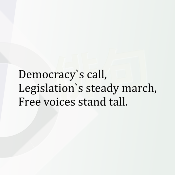 Democracy`s call, Legislation`s steady march, Free voices stand tall.