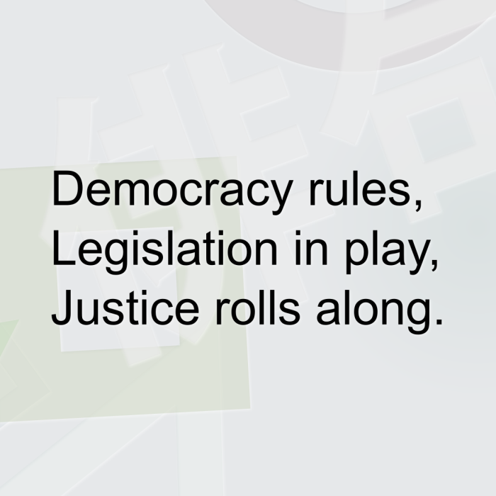 Democracy rules, Legislation in play, Justice rolls along.