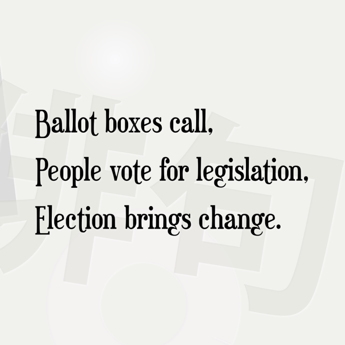 Ballot boxes call, People vote for legislation, Election brings change.