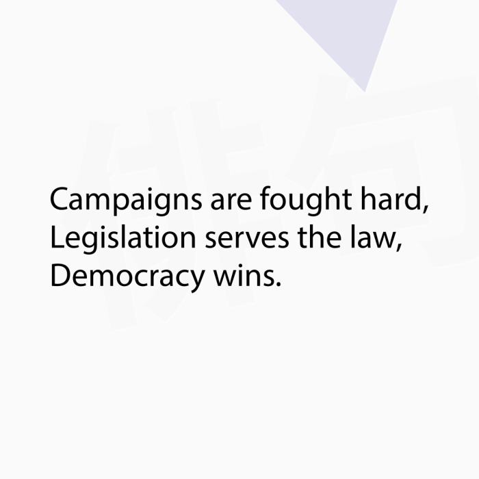 Campaigns are fought hard, Legislation serves the law, Democracy wins.