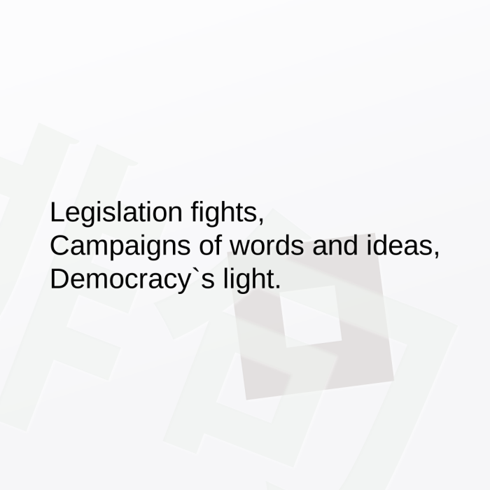 Legislation fights, Campaigns of words and ideas, Democracy`s light.
