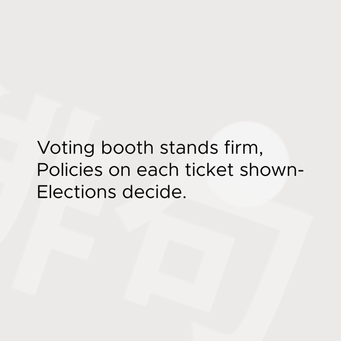 Voting booth stands firm, Policies on each ticket shown- Elections decide.