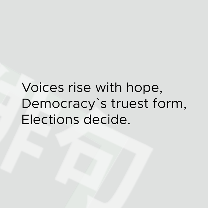 Voices rise with hope, Democracy`s truest form, Elections decide.