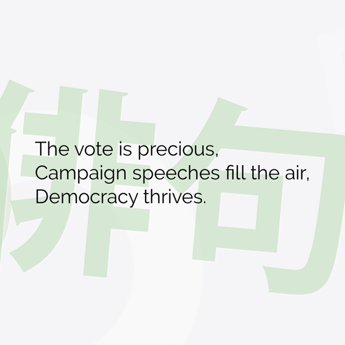 The vote is precious, Campaign speeches fill the air, Democracy thrives.