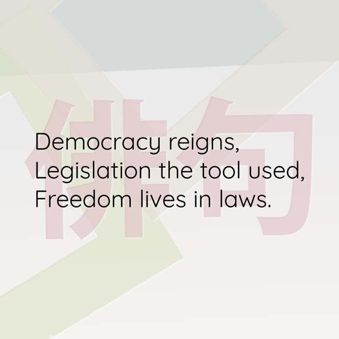 Democracy reigns, Legislation the tool used, Freedom lives in laws.