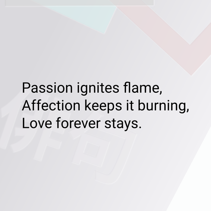 Passion ignites flame, Affection keeps it burning, Love forever stays.