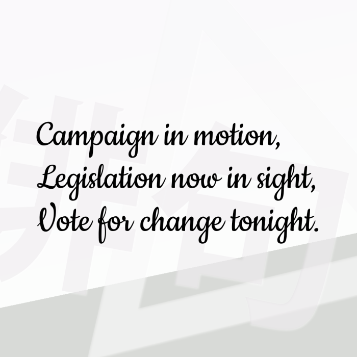 Campaign in motion, Legislation now in sight, Vote for change tonight.