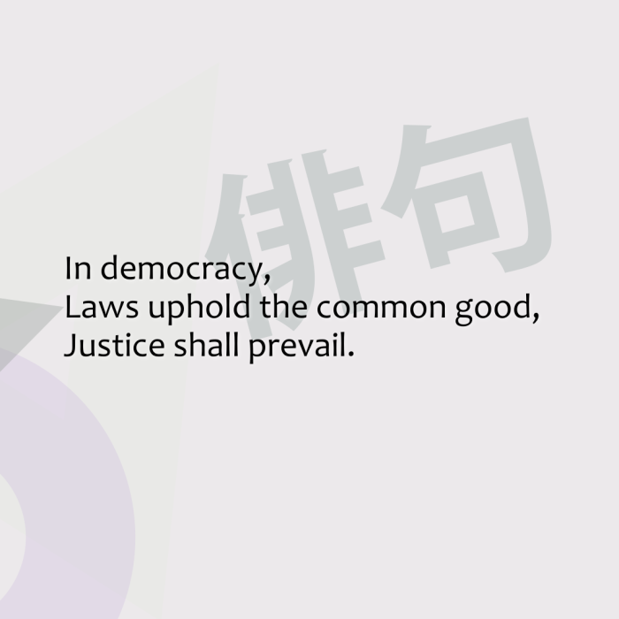 In democracy, Laws uphold the common good, Justice shall prevail.