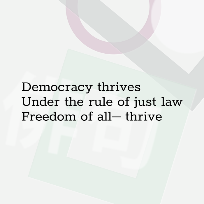 Democracy thrives Under the rule of just law Freedom of all― thrive