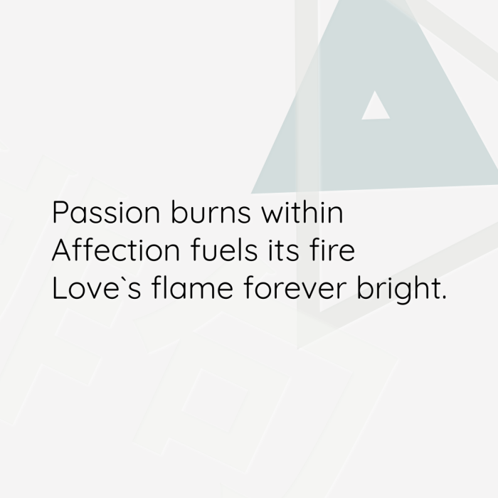 Passion burns within Affection fuels its fire Love`s flame forever bright.