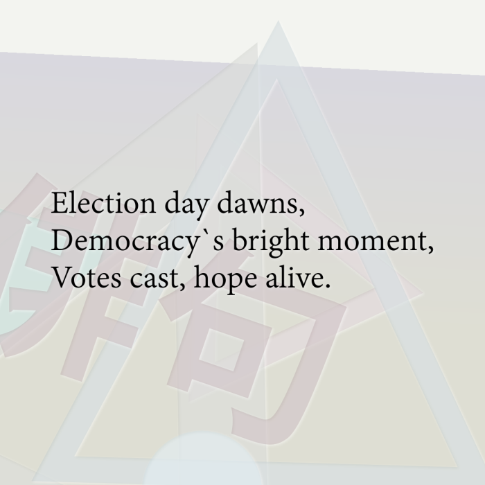 Election day dawns, Democracy`s bright moment, Votes cast, hope alive.