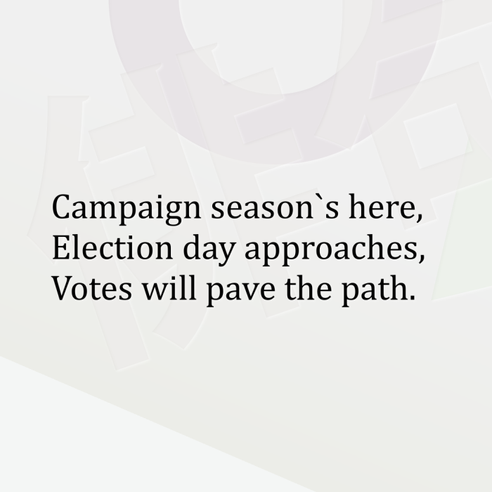 Campaign season`s here, Election day approaches, Votes will pave the path.
