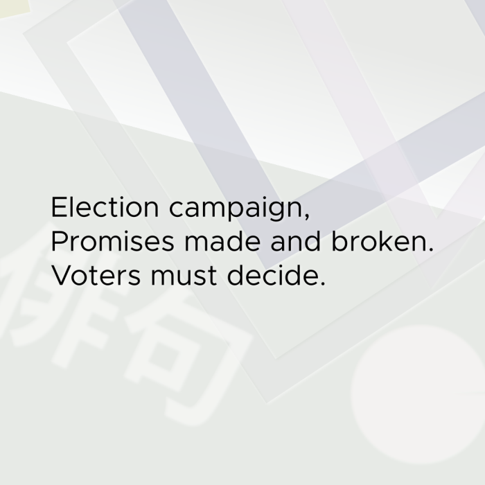 Election campaign, Promises made and broken. Voters must decide.