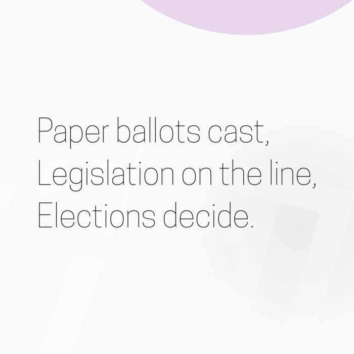 Paper ballots cast, Legislation on the line, Elections decide.