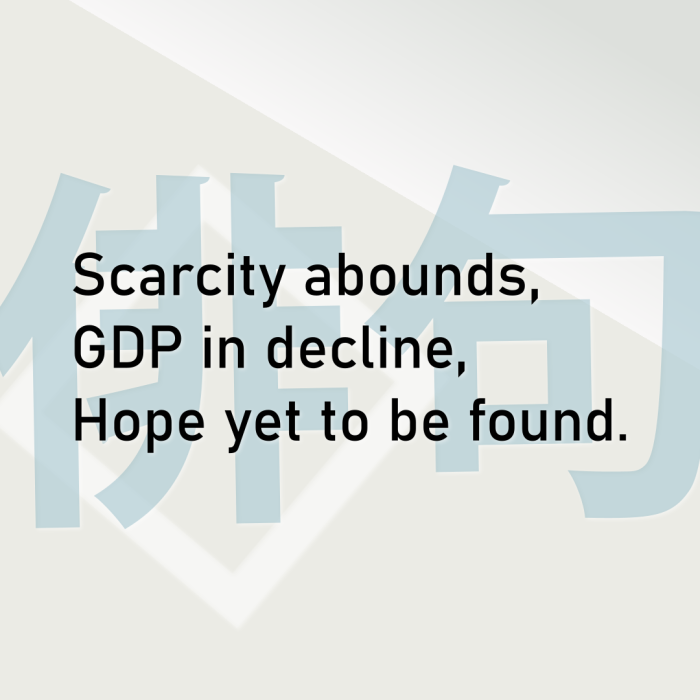 Scarcity abounds, GDP in decline, Hope yet to be found.
