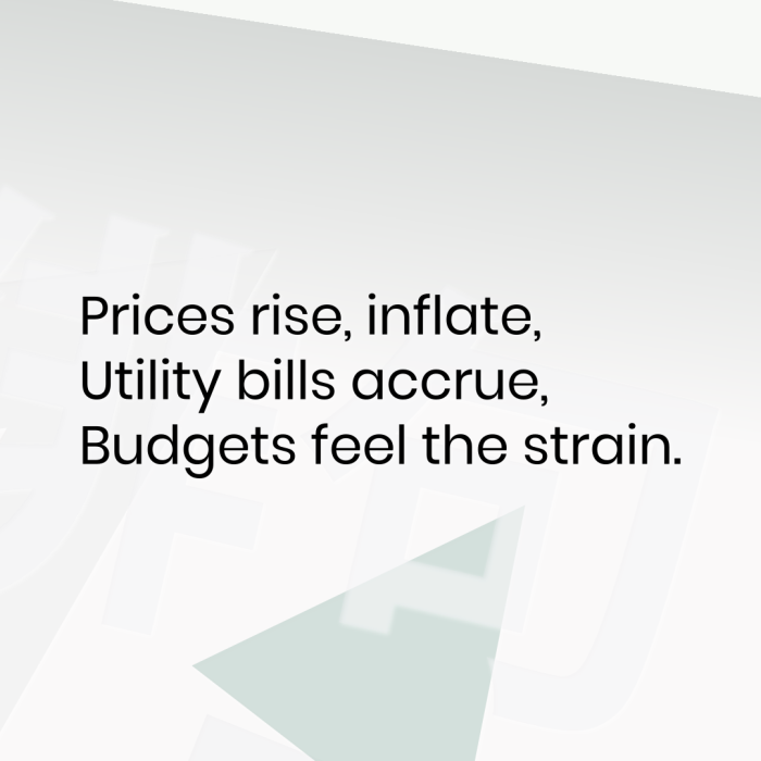 Prices rise, inflate, Utility bills accrue, Budgets feel the strain.
