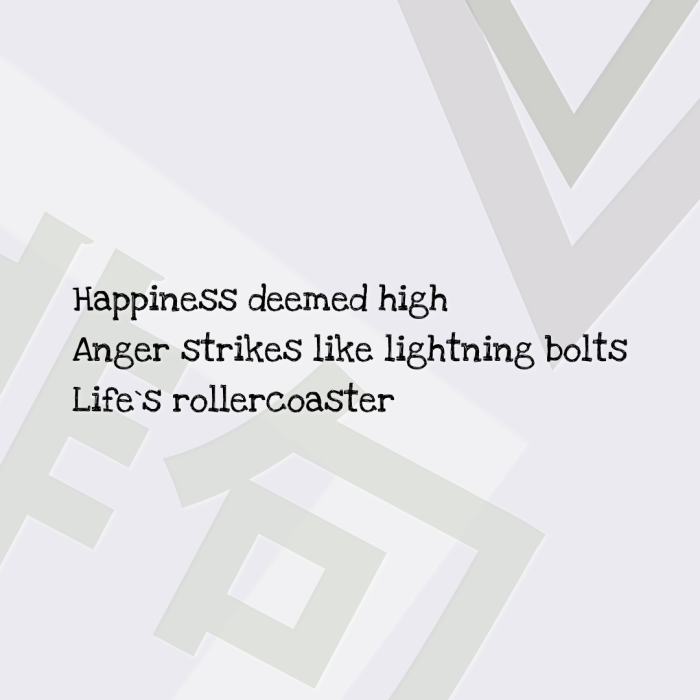 Happiness deemed high Anger strikes like lightning bolts Life`s rollercoaster
