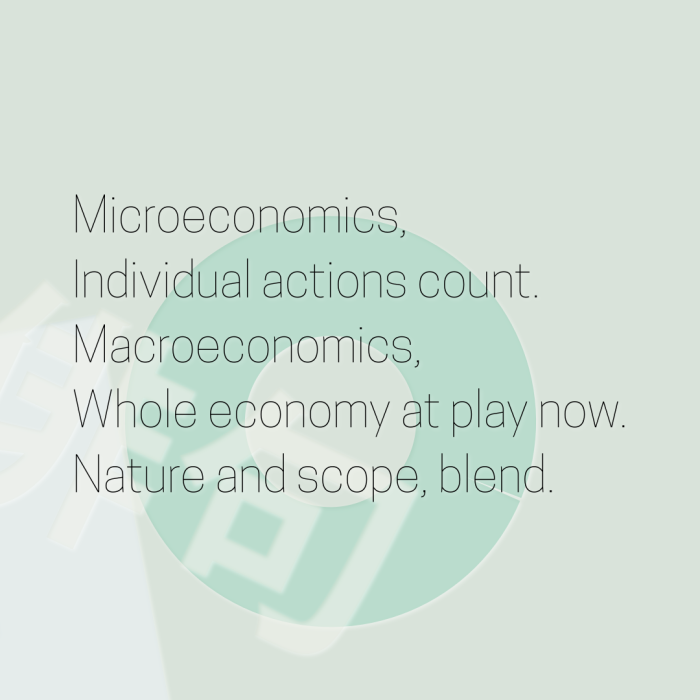 Microeconomics, Individual actions count. Macroeconomics, Whole economy at play now. Nature and scope, blend.